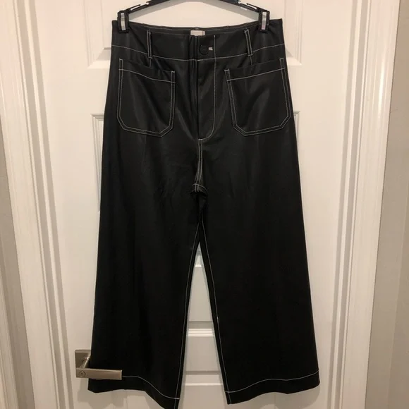Anthropologie The Colette Faux-Leather Top-Stitch Crop Wide-Leg Pants Maeve 31 - Picture 2 of 6